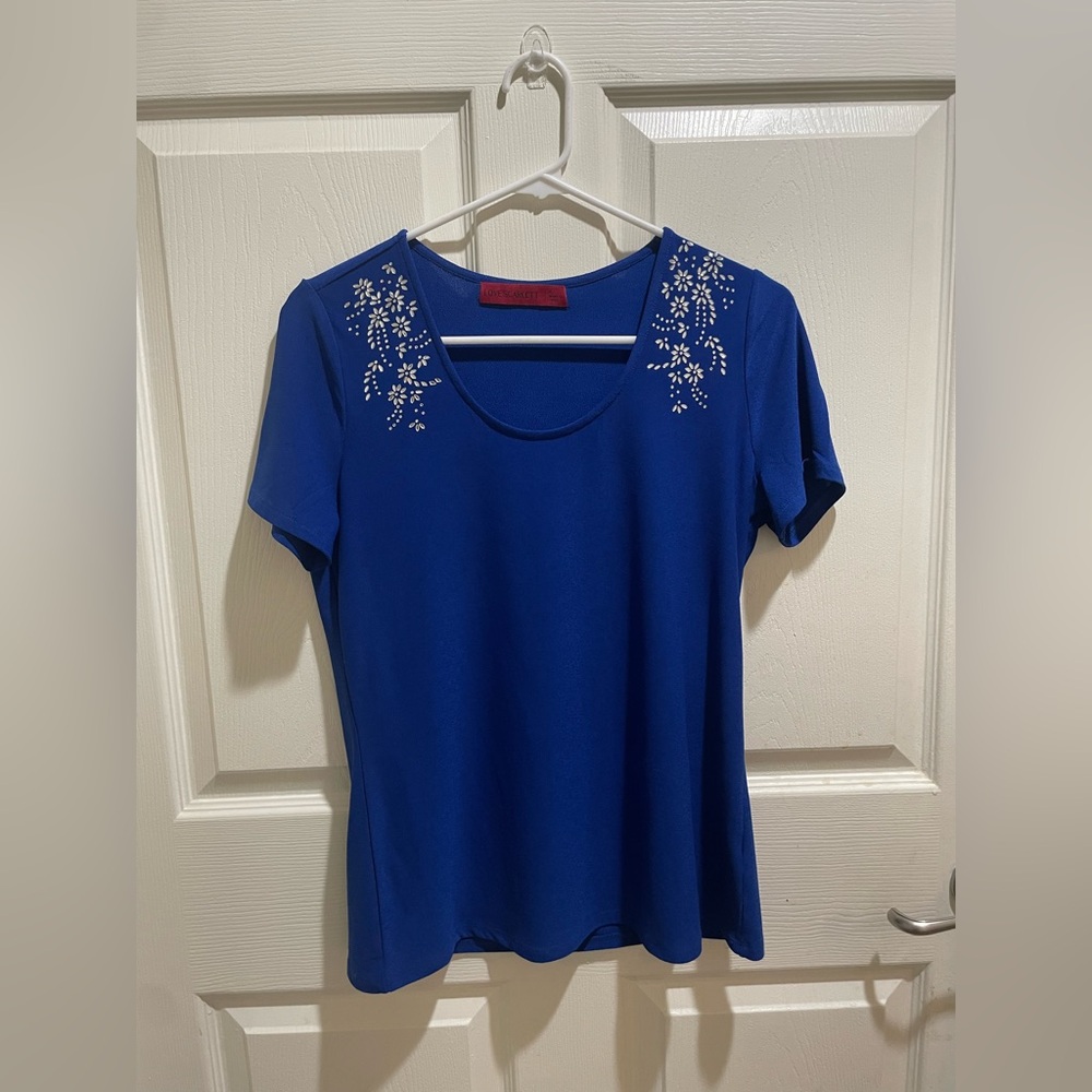 Royal Blue Floral Cold Shoulder Blouse Rhinestone Detail-Size Small